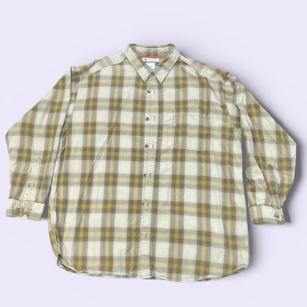Columbia Tan and Gold Plaid Casual Shirt
